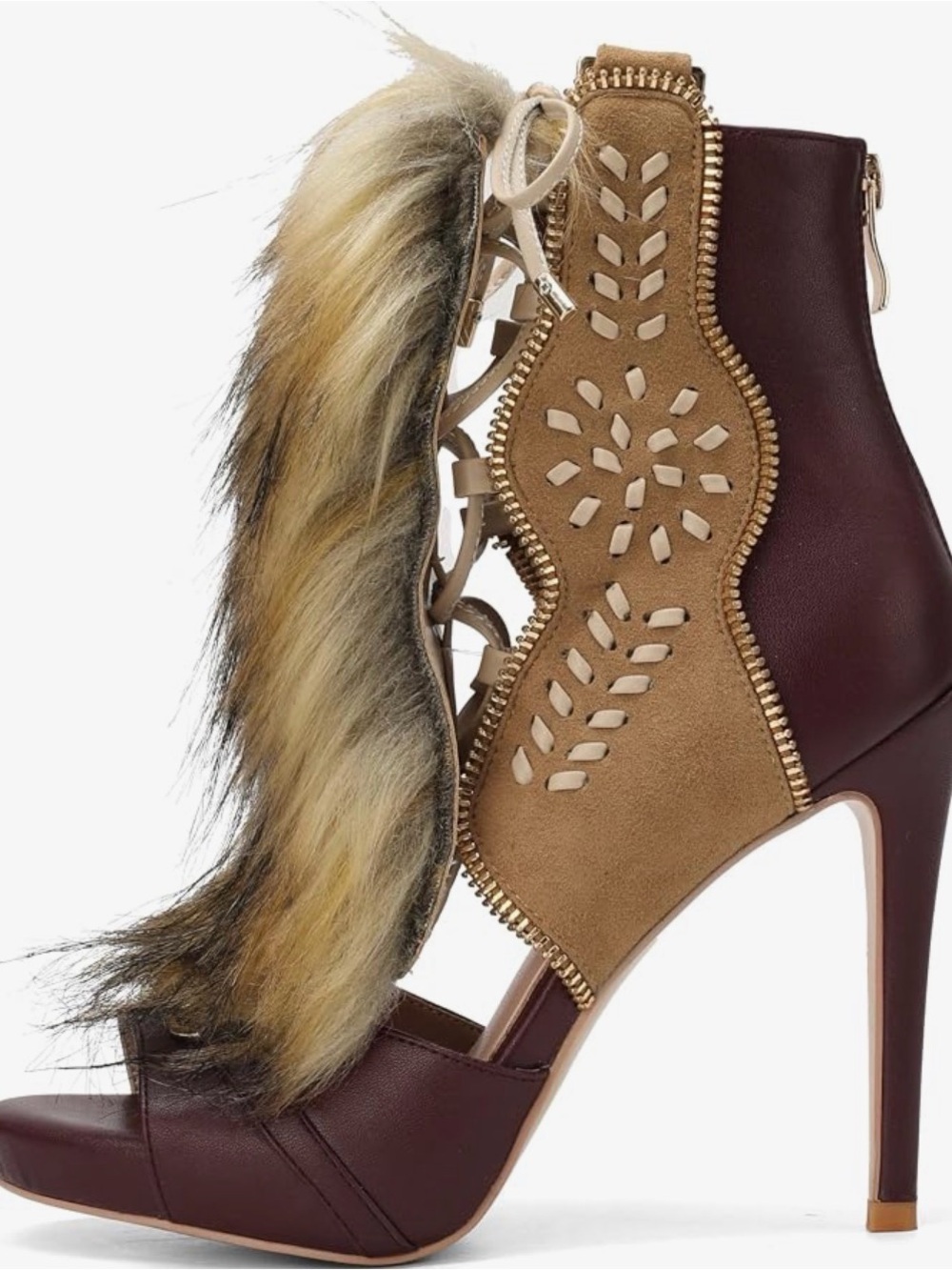 Tracieshoes Western Lace-Up Stiletto Heels with Faux Fur